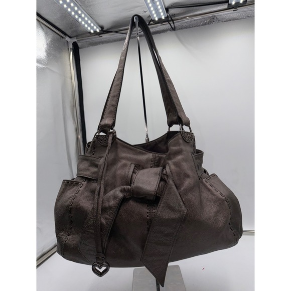 Brighton Handbags - Brighton Metallic Pewter Leather Bow Hobo Shoulder Bag Silver Heart A301748